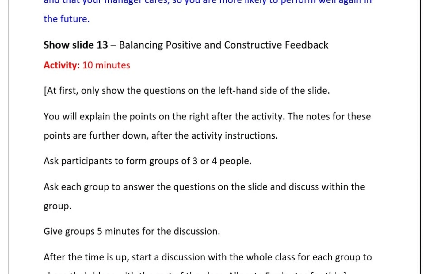 Performance feedback training workshop